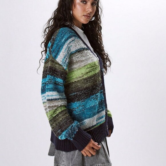 Multicolor Casual Women's Contrast Binding striped Marble Knit Cardigan - Picture 2 of 5